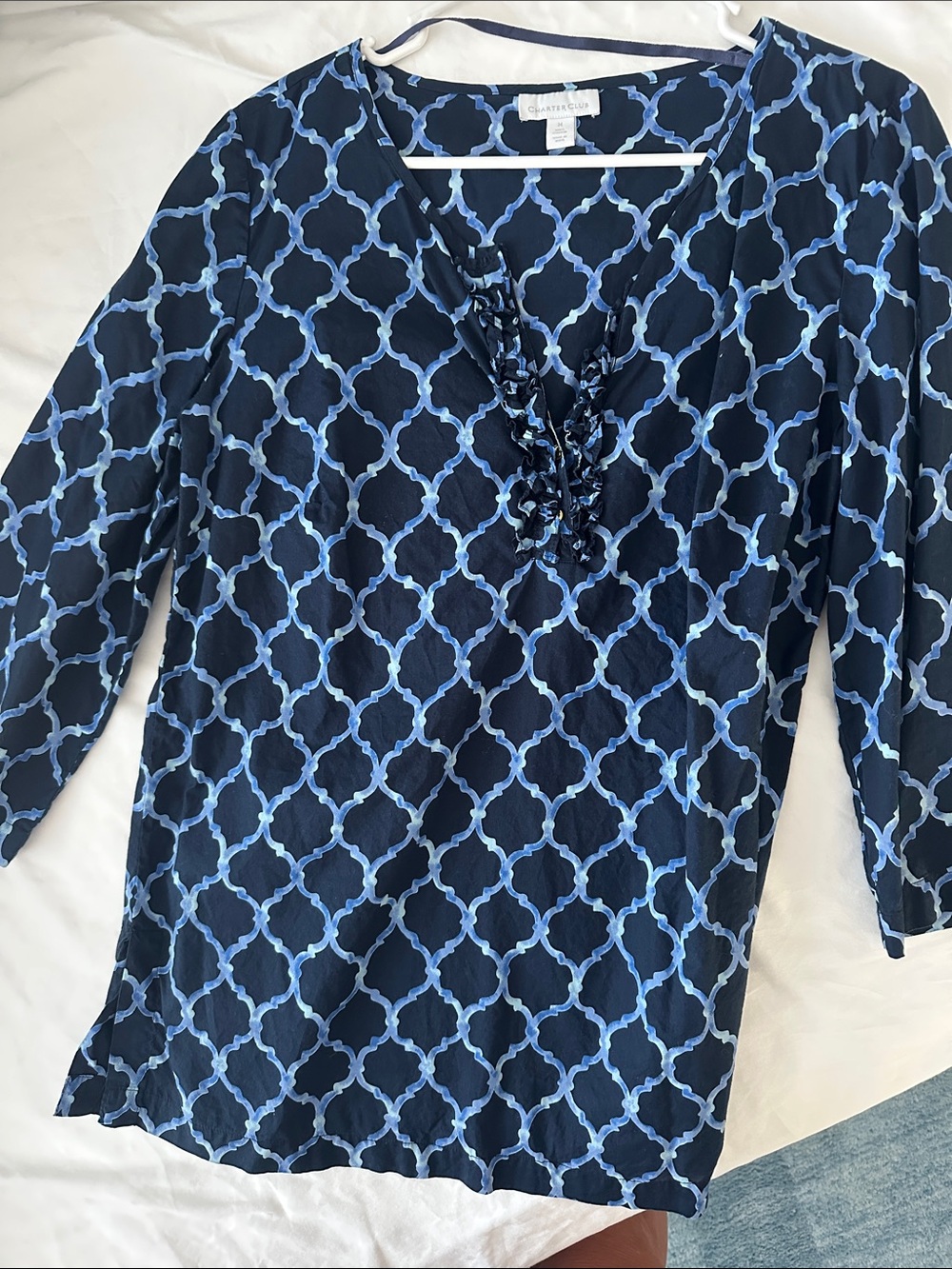Charter Club Navy and Light Blue Geometric V-Neck Blouse